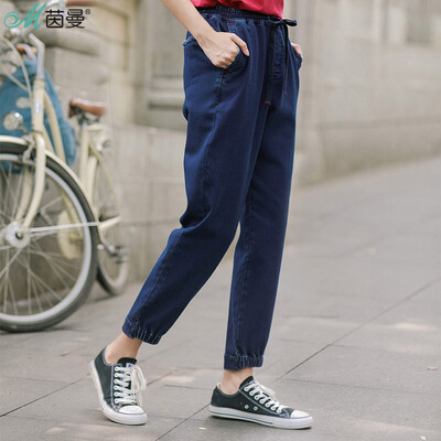 

INMAN 2017 autumn new dark blue lace with casual jeans women loose foot pants 1873333235 denim blue XL