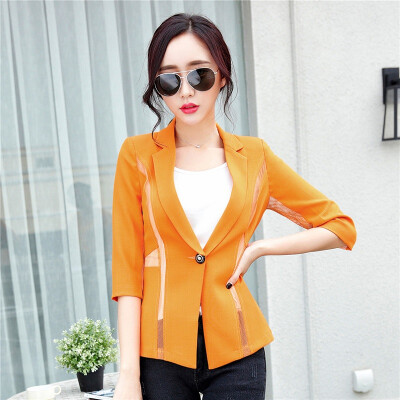 

Women Single Button Blazer Half Sleeve Hollow Out Design Casacos Femininos Basic Jackets Candy Color Female Blazers Suits