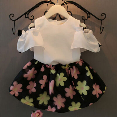 

Chiffon Baby Kids Girls Summer Dress White Tops Shirt Flower Skirt Outfits 2-7Y