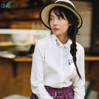 

INMAN 2017 autumn new lapel embroidery art wild long-sleeved shirt shirt female 1873011394 white M
