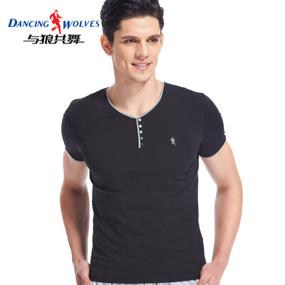 

Dancing with wolves short-sleeved T-shirt mens cotton slim solid color V-neck half-sleeve male 9869 black