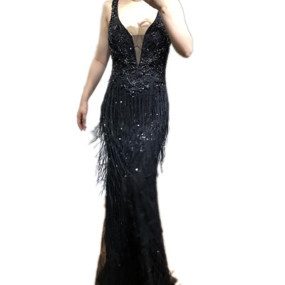 

Sexy Deep-V Mermaid Gold Tulle Evening Dresses Newest Beading Sequined Luxury Evening Gown 2018 Alacati