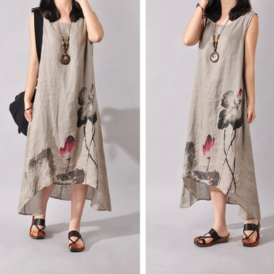 

New fashion summer style cotton linen vintage printed women casual loose long dress Party Gown