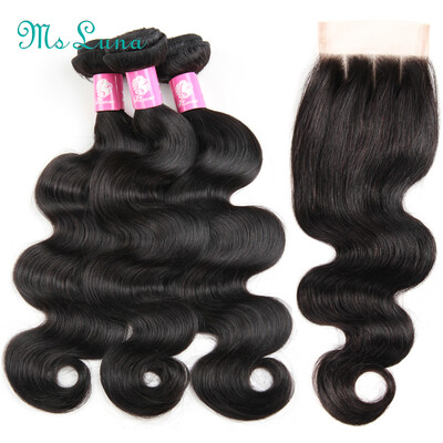 

Ms Luna Brazilian Body Wave Hair Lace Closure With 4 Bundles Brazilian Body Wave Human Hair 7AGrade Body Wave Bundles With Closure