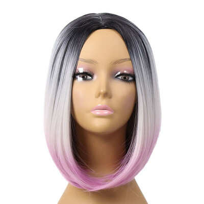 

JUNSI Fashion Bob Wig Short Straight Black Grey Розовые волосы Природные синтетические волосы