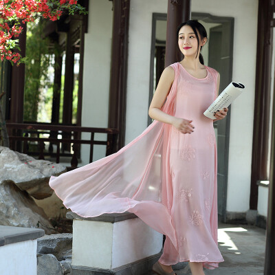 

Three - layer chiffon embroidery Chinese - style sleeveless vest embroidery round neck collar long skirt dress L5107