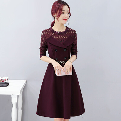 

Fort Sheng 2017 new women's autumn dress in the long section of temperament ladies Slim A word skirt solid color hollow elegant zx1782303 deep purple