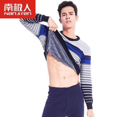 

Antarctic thermal underwear men's round neck prints plus velvet thickening underwear Slim winter youth fashion autumn clothes autumn pants suit male gray red stripes