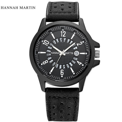 

HANNAH MARTIN Mens Watches Top Luxury Brand Men Quartz Watch Waterproof Sport Military Leather Wirstwatch Calendar Clock