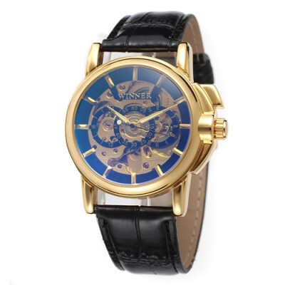 

Winner Retro Skeleton Gold Watch Men Casual Leather Watch Luxury Automatic Mechanical Watch