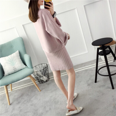 

Milano (MILANYIN) Women's 2017 autumn and winter knitting suit fashion Korean version of the round neck loose long package hip two skirt SRSU051 pink all