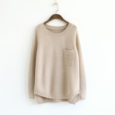 

Autumn new round neck solid color curling single pockets long sleeves knitted sweater ladies