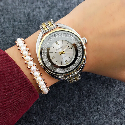 

Fashion Ladies Dress Watch CONTENA Business Women Trendy Gold Quartz Wrist Watch Rhinestone Crystal Clock