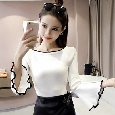 

sustory women&39s 2017 autumn&winter models black&white hit color sweater speaker sleeves Slim thin sweater long sleeve shirt SRSU018 white all