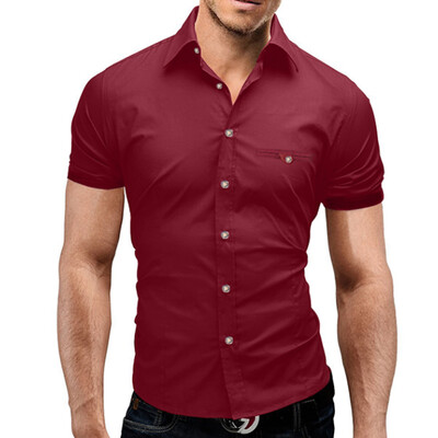 

Men Shirt Luxury Brand 2017 Male Short Sleeve Hawaiian Shirts Casual Metal Buckle Hit Color Slim Fit Black Mens Dress Shirts