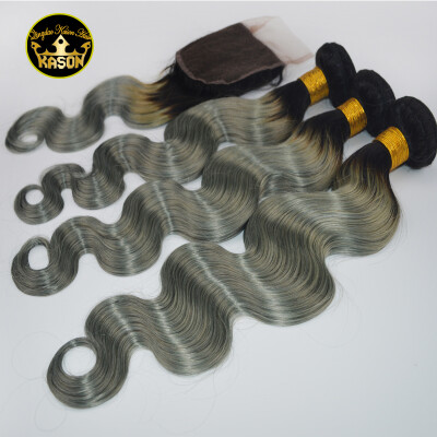 

8A Ombre Brazilian Virgin Hair With Closure 1B Grey Color 3 Bundles Human Hair With Lace Closure In Stock Free Shipping