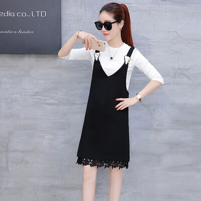 

Fort Sheng 2017 new women' autumn lace harness dress long-sleeved loose black strap skirt black dress two sets zx17081410 black