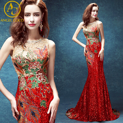 

Luxury Mermaid Evening Dress 2017 SequinsRhinestonesEmbroidery Sheer Backless Long Gorgeous prom dresses High-end custom qipao