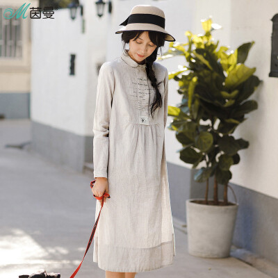 

Yan Man (INMAN) 2017 autumn new style art embroidery cotton and linen shirt dress doll collar long skirt 1873101080 soil khaki