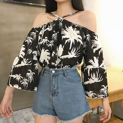 

Retro temperament word collar trumpet sleeves shirt shoulder shirt hanging neck long sleeved shirt