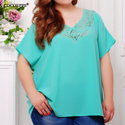 

COCOEPPS Chiffon Casual Lace Summer Tops Big size 2017 Solid Short Sleeve V-Neck Plus Size Women Blouse Feminine Clothing L-6XL