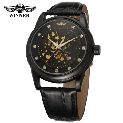 

Elegant Business Style Mechanical Mens Watches Rhinestone Skeleton Alloy Case Leather Strap Automatic Watch