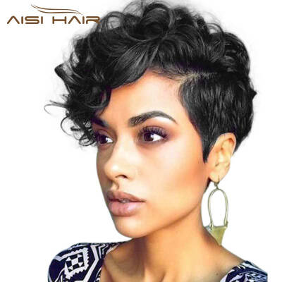 

AISI HAIR Short Wavy Wigs Synthetic Curly Black Wig Heat Resistant Fiber Wavy Full Wig With Bangs for Women