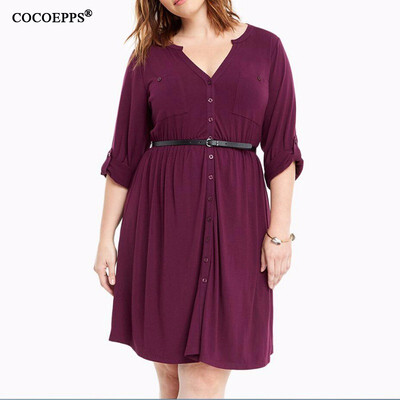 

COCOEPPS 2017 Autumn Women Dresses big size Solid Deep V-Neck Button Lady Dresses plus size casual Dress Work Wear Robes L-6XL
