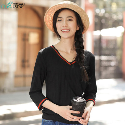 

Yinman INMAN 2017 autumn new V collar simple seven-point sleeve was thin shirt T-shirt female 1873023168 bamboo blue green