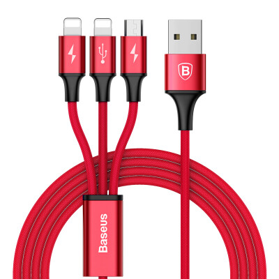 

Times Baseus Micro USB + dual Lightning interface triple-play phone data cable / charging line dragged on three functional data charging line red