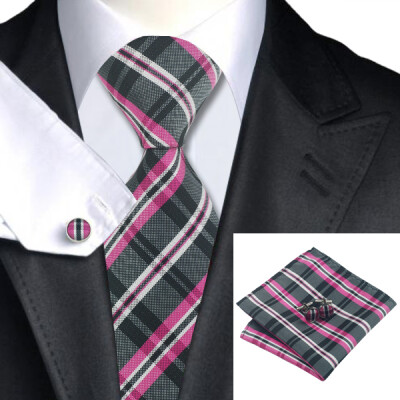 

N-0946 Vogue Men Silk Tie Set Black Plaids Necktie Handkerchief Cufflinks Set Ties For Men Formal Wedding Business wholesale