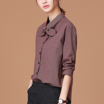 

City plus CITYPLUS 2017 autumn and winter new women retro art stand collar loose bow tie bottom shirt CWCS178350 brown red XL