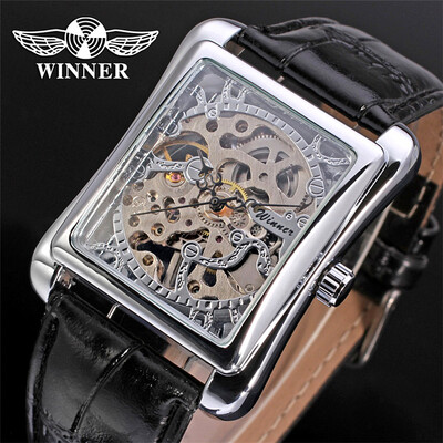 

Winner Brand Watches Men Mechanical Watches Male Golden Skeleton Rectangle Dial Artificial Leather Wristwatches