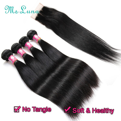 

7A Brazilian Virgin Hair Straight With Closure Brazilian Virgin Hair With Closure 4 Bundles Straight Human Hair With Lace Closure