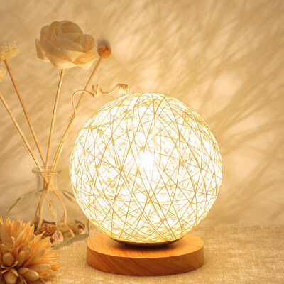 

BOKT Minimalist Novelty Romantic Solid Wood Table Lamp for Bedroom Bedside Desk Lamp Home Decor Rattan Ball Lampshade Beige