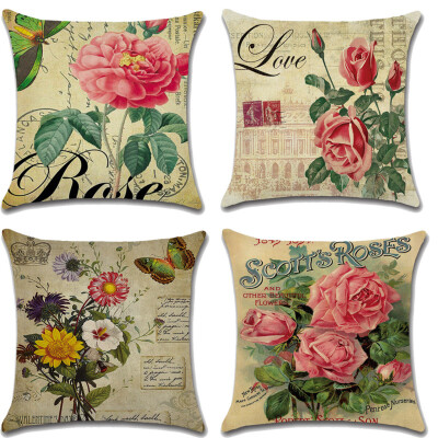 

4 PackVintage Rose Pink Rose Burlap Pillow Cover