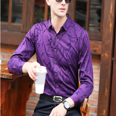 

2017 autumn new men's shirt long-sleeved solid color light business casual wild printing lapel shirt