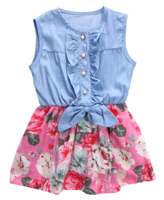 

Flower Baby Girls Dress Pricness Summer Denim Vest Ruffle Party Dresses