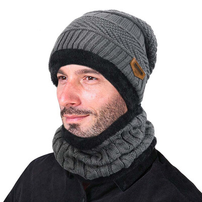 

2pcs Men Winter Warm Knitted Hat Beanie Set Thicken Soft Fleece Lining Hat Cap with Circle Scarf Outdoor Hat