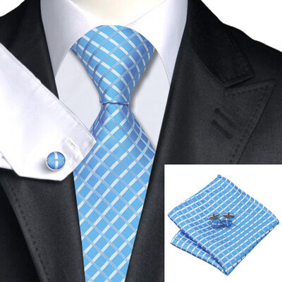 

N-0528 Vogue Men Silk Tie Set Blue Plaids Necktie Handkerchief Cufflinks Set Ties For Men Formal Wedding Business wholesale