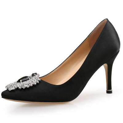 

Jiabaisi Shoes Heart Diamonds Silk Satin Cat heel shoes Pointed toe Round stilettlo Party wedding Womens Cat heel Pumps