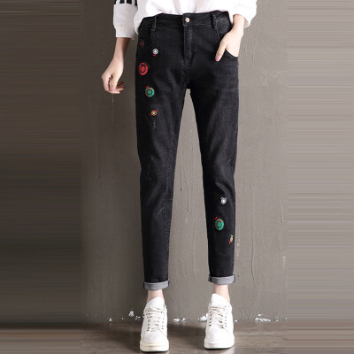 

City plus CITYPLUS 2017 autumn and winter new women's art fashion embroidery stretch feet cowboy trousers CWKN179455 black 28