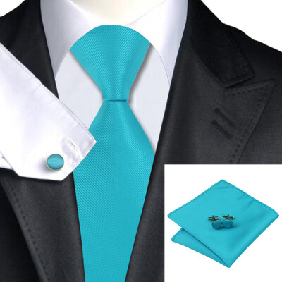 

N-0800 Vogue Men Silk Tie Set Blue Solid Necktie Handkerchief Cufflinks Set Ties For Men Formal Wedding Business wholesale