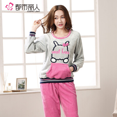 

Urban beauty pajamas plus velvet cute cartoon ladies home service warm long sleeve suit flannel pajamas 1H7115 rose red