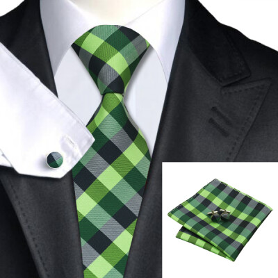 

N-0406 Vogue Men Silk Tie Set Green Plaid Necktie Handkerchief Cufflinks Set Ties For Men Formal Wedding Business wholesale