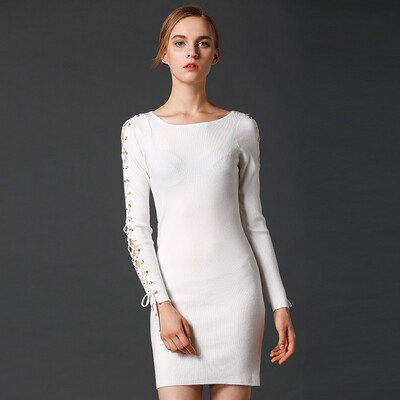 

Marc Rebecca Corporal Knit Dress Temperament Slim Thin Sleeve Pants 75100E White