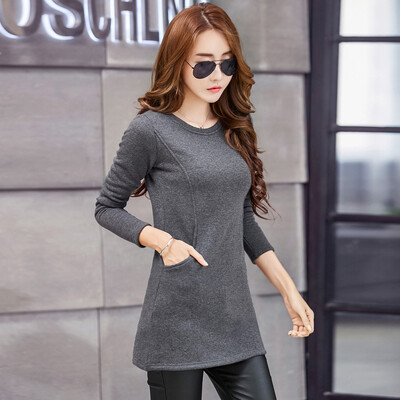 

2017 autumn and winter new plus velvet thick in the long paragraph sets of round neck sweater double pockets waist ladies