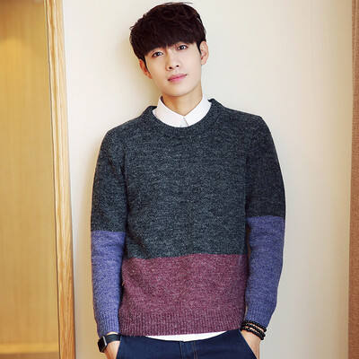 

2017 autumn new men's sweater hit color men's round neck collar sweater men as gift for men