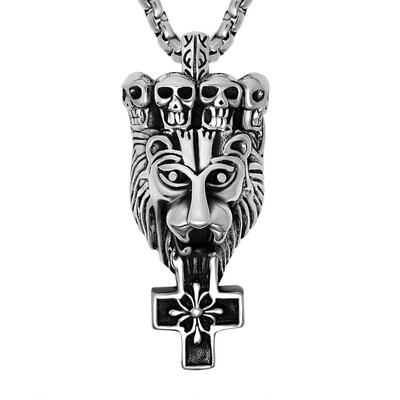

Personality Mens Skulls Lion Head Pendant Necklace Boys Wild Beauty Titanium Stainless Crossing Flower Jewelry Gothic Chain Biker