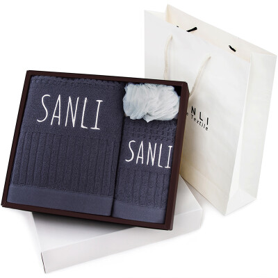 

Sanli cotton embossed sample embroidered word towel bath towel gift sets of 3 gift bag dark blue